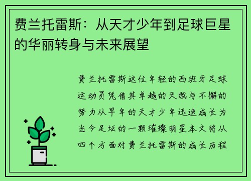 费兰托雷斯：从天才少年到足球巨星的华丽转身与未来展望