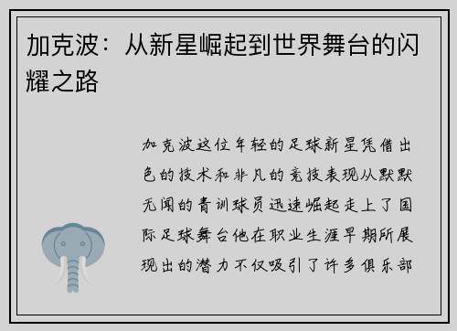 加克波：从新星崛起到世界舞台的闪耀之路