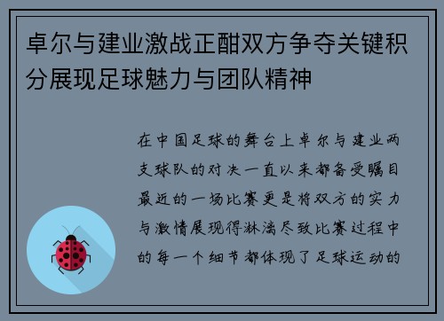 卓尔与建业激战正酣双方争夺关键积分展现足球魅力与团队精神