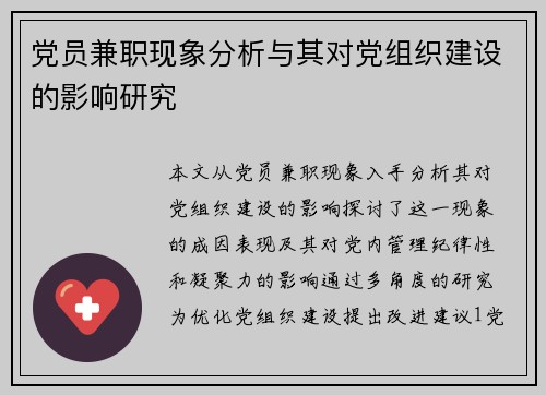 党员兼职现象分析与其对党组织建设的影响研究