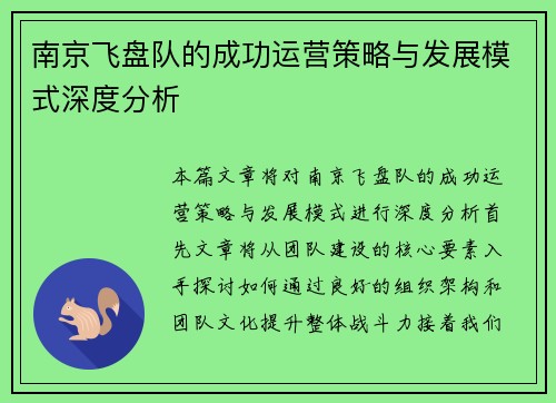 南京飞盘队的成功运营策略与发展模式深度分析