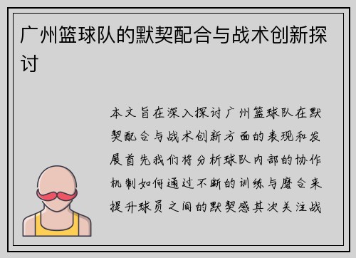 广州篮球队的默契配合与战术创新探讨