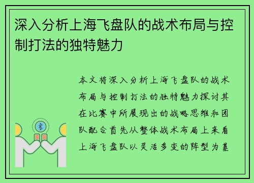 深入分析上海飞盘队的战术布局与控制打法的独特魅力