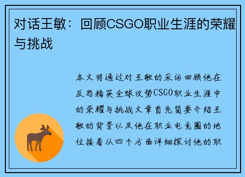 对话王敏：回顾CSGO职业生涯的荣耀与挑战