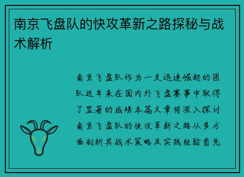 南京飞盘队的快攻革新之路探秘与战术解析